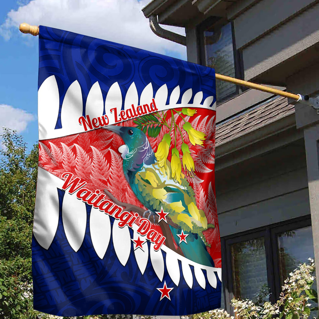 new-zealand-waitangi-day-garden-flag-nz-maori-tui-bird-with-kowhai-flowers