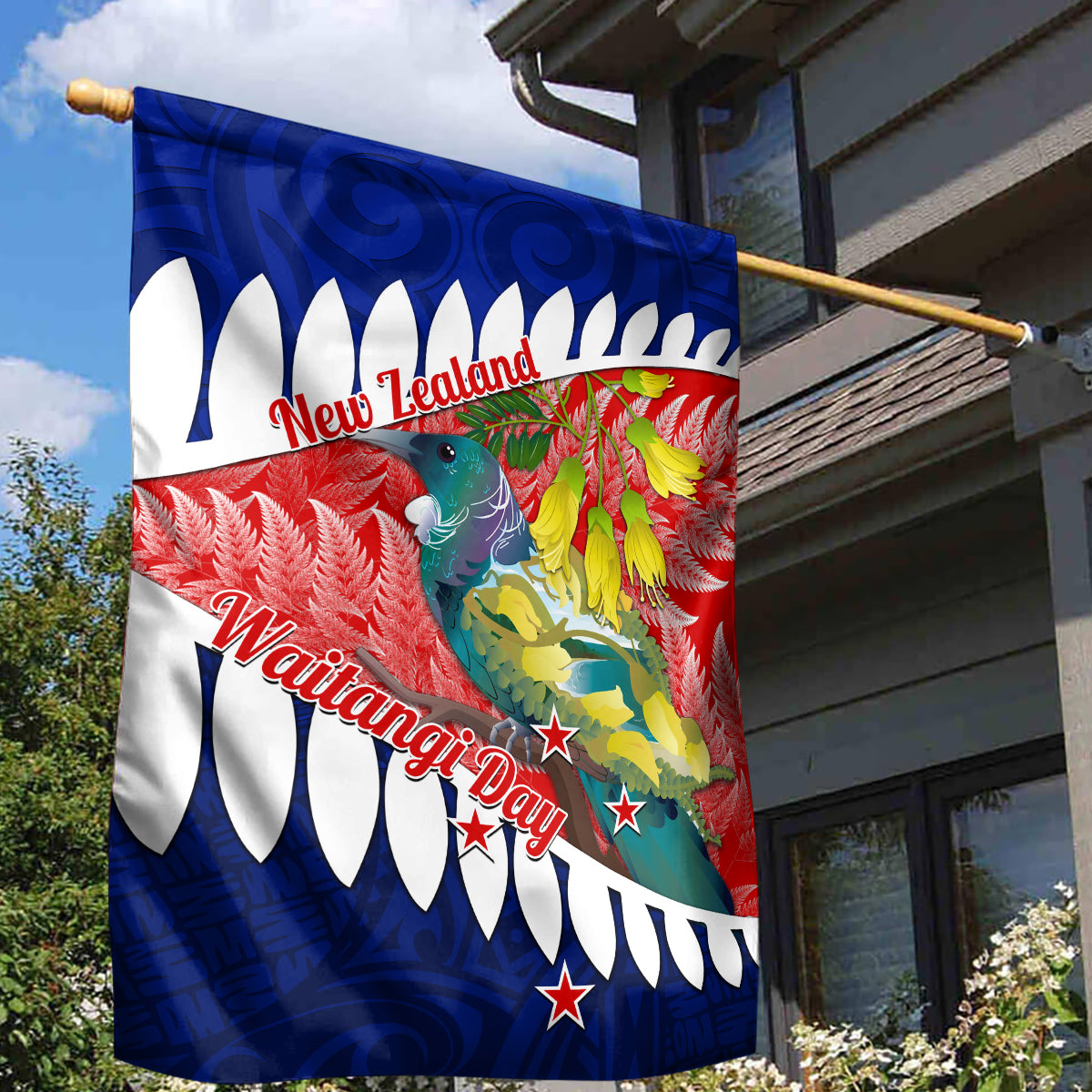 new-zealand-waitangi-day-garden-flag-nz-maori-tui-bird-with-kowhai-flowers