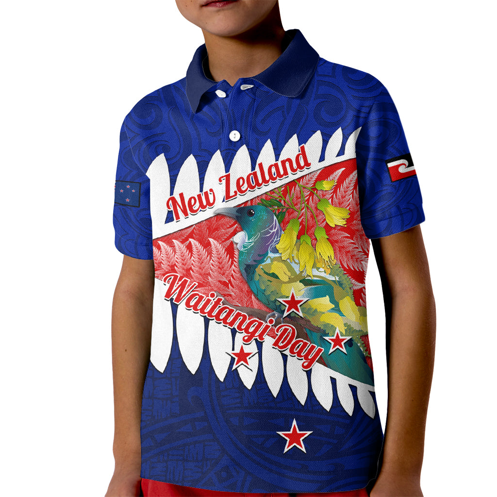 new-zealand-waitangi-day-kid-polo-shirt-nz-maori-tui-bird-with-kowhai-flowers