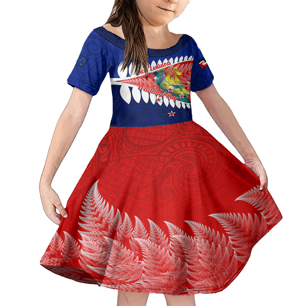 new-zealand-waitangi-day-kid-short-sleeve-dress-nz-maori-tui-bird-with-kowhai-flowers