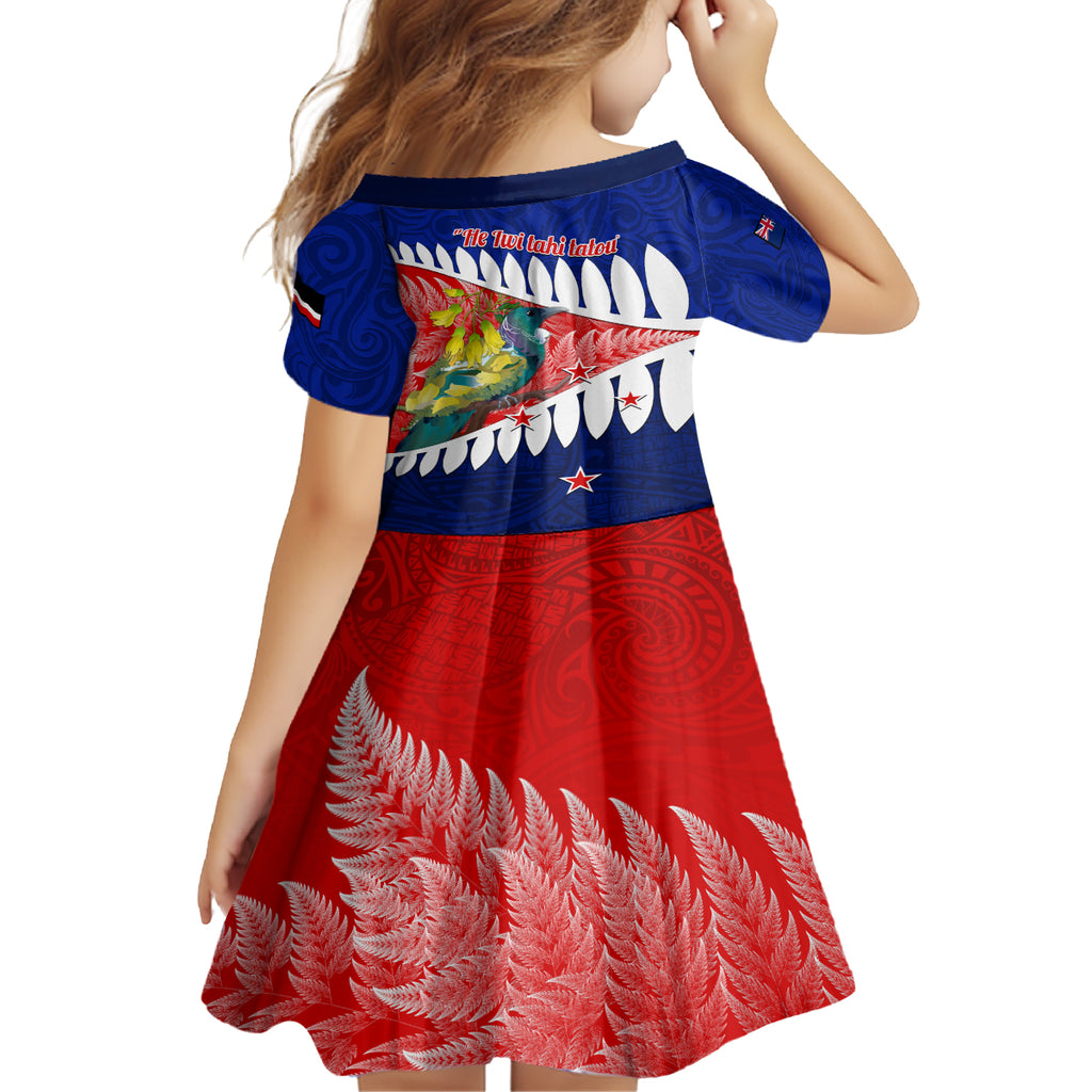 new-zealand-waitangi-day-kid-short-sleeve-dress-nz-maori-tui-bird-with-kowhai-flowers