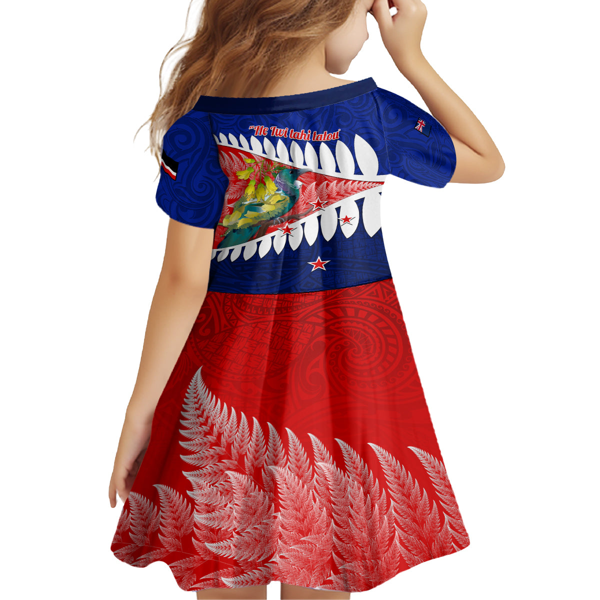 new-zealand-waitangi-day-kid-short-sleeve-dress-nz-maori-tui-bird-with-kowhai-flowers