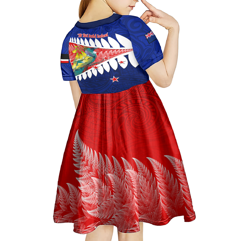 new-zealand-waitangi-day-kid-short-sleeve-dress-nz-maori-tui-bird-with-kowhai-flowers