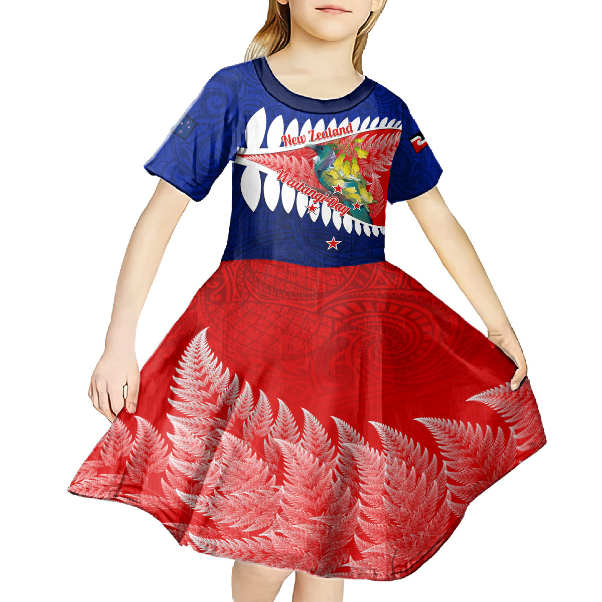 new-zealand-waitangi-day-kid-short-sleeve-dress-nz-maori-tui-bird-with-kowhai-flowers