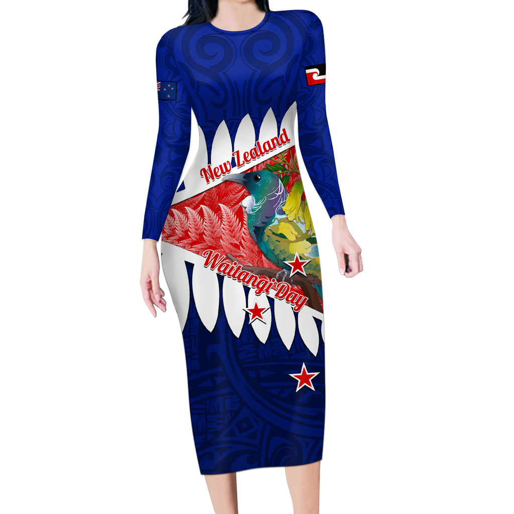 new-zealand-waitangi-day-long-sleeve-bodycon-dress-nz-maori-tui-bird-with-kowhai-flowers