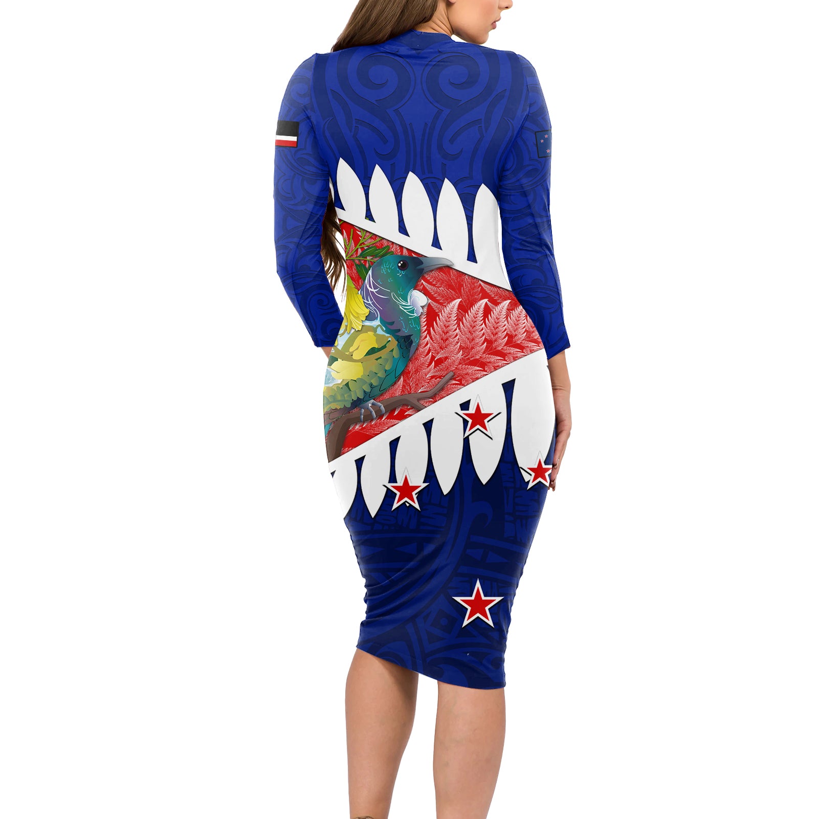 new-zealand-waitangi-day-long-sleeve-bodycon-dress-nz-maori-tui-bird-with-kowhai-flowers