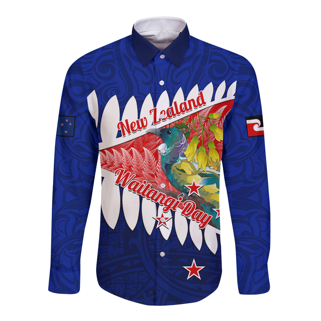 new-zealand-waitangi-day-long-sleeve-button-shirt-nz-maori-tui-bird-with-kowhai-flowers