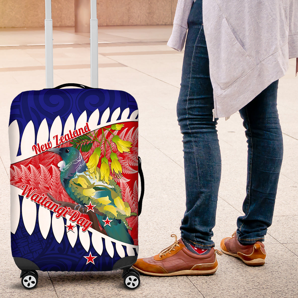 new-zealand-waitangi-day-luggage-cover-nz-maori-tui-bird-with-kowhai-flowers