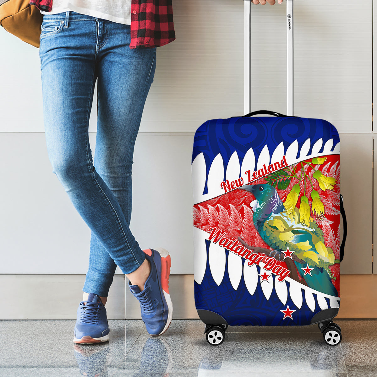 new-zealand-waitangi-day-luggage-cover-nz-maori-tui-bird-with-kowhai-flowers