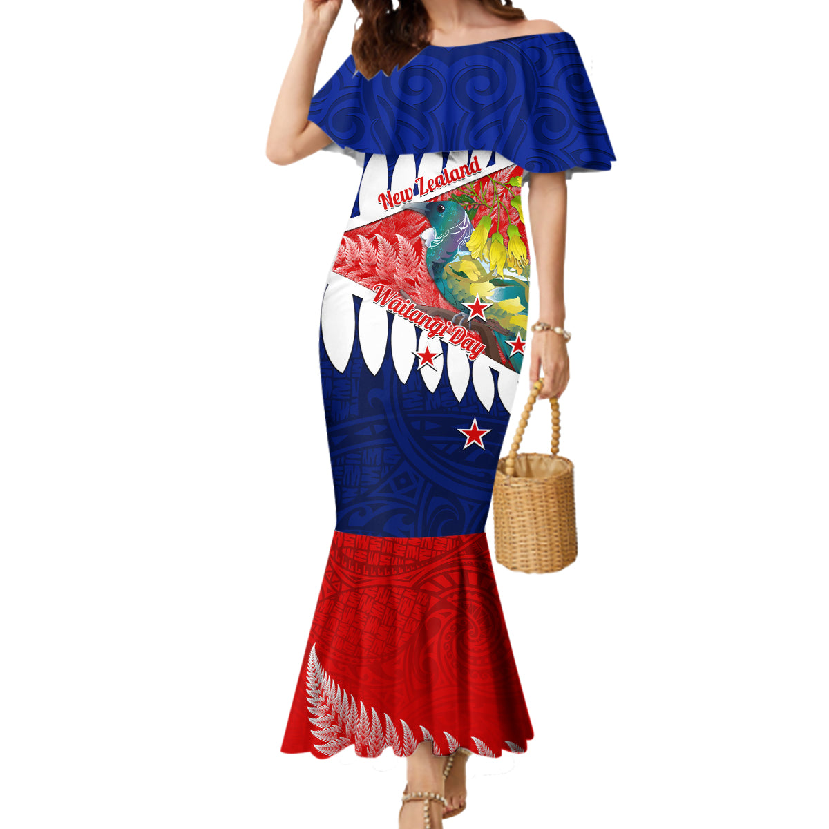 new-zealand-waitangi-day-mermaid-dress-nz-maori-tui-bird-with-kowhai-flowers