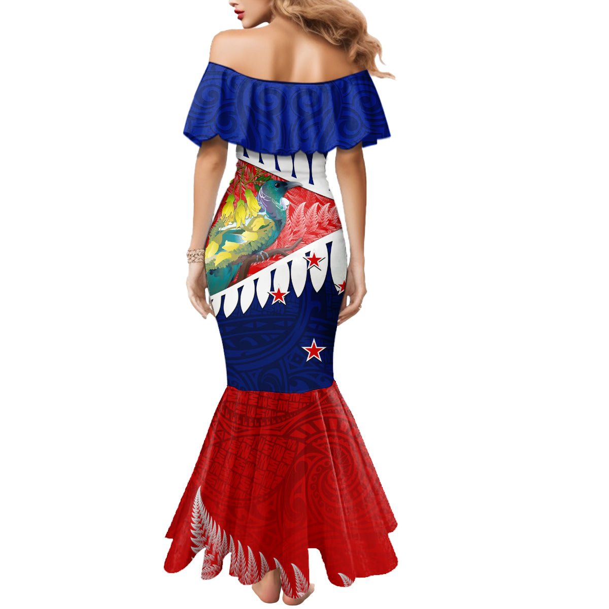 new-zealand-waitangi-day-mermaid-dress-nz-maori-tui-bird-with-kowhai-flowers
