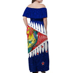 new-zealand-waitangi-day-off-shoulder-maxi-dress-nz-maori-tui-bird-with-kowhai-flowers