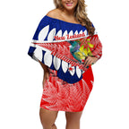new-zealand-waitangi-day-off-shoulder-short-dress-nz-maori-tui-bird-with-kowhai-flowers