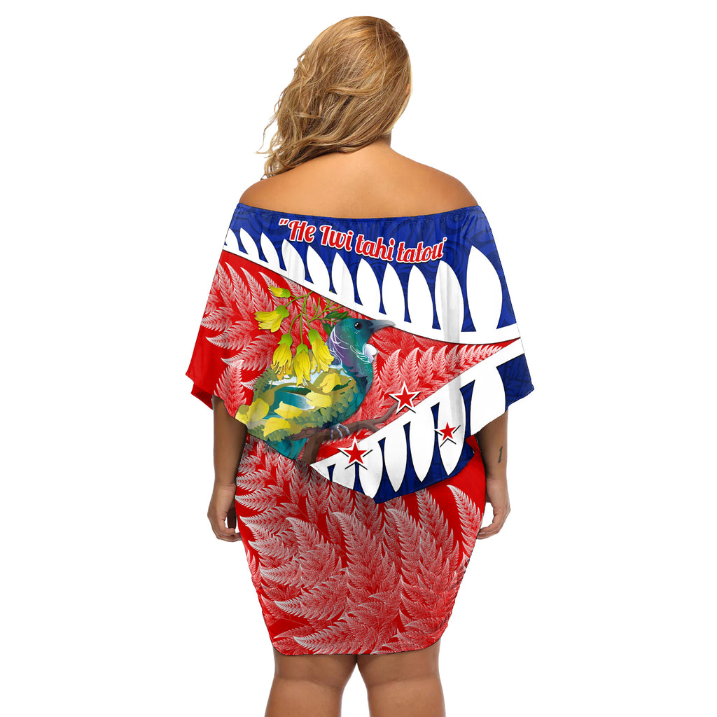new-zealand-waitangi-day-off-shoulder-short-dress-nz-maori-tui-bird-with-kowhai-flowers