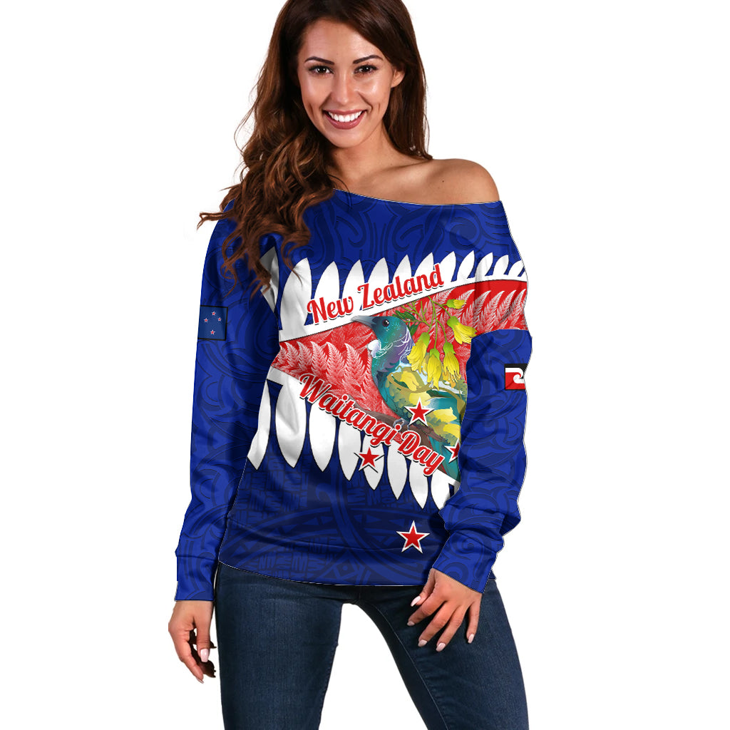 new-zealand-waitangi-day-off-shoulder-sweater-nz-maori-tui-bird-with-kowhai-flowers