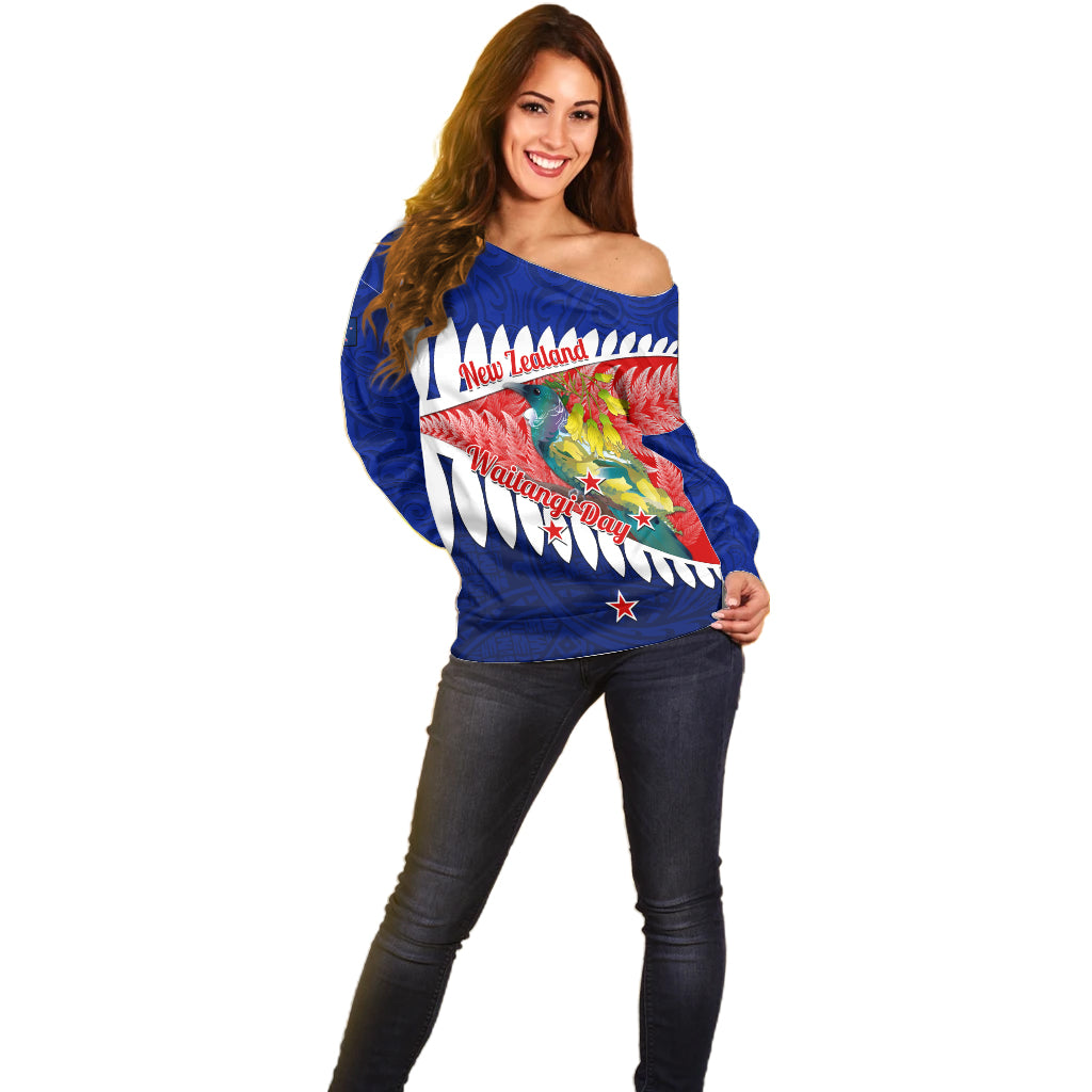 new-zealand-waitangi-day-off-shoulder-sweater-nz-maori-tui-bird-with-kowhai-flowers