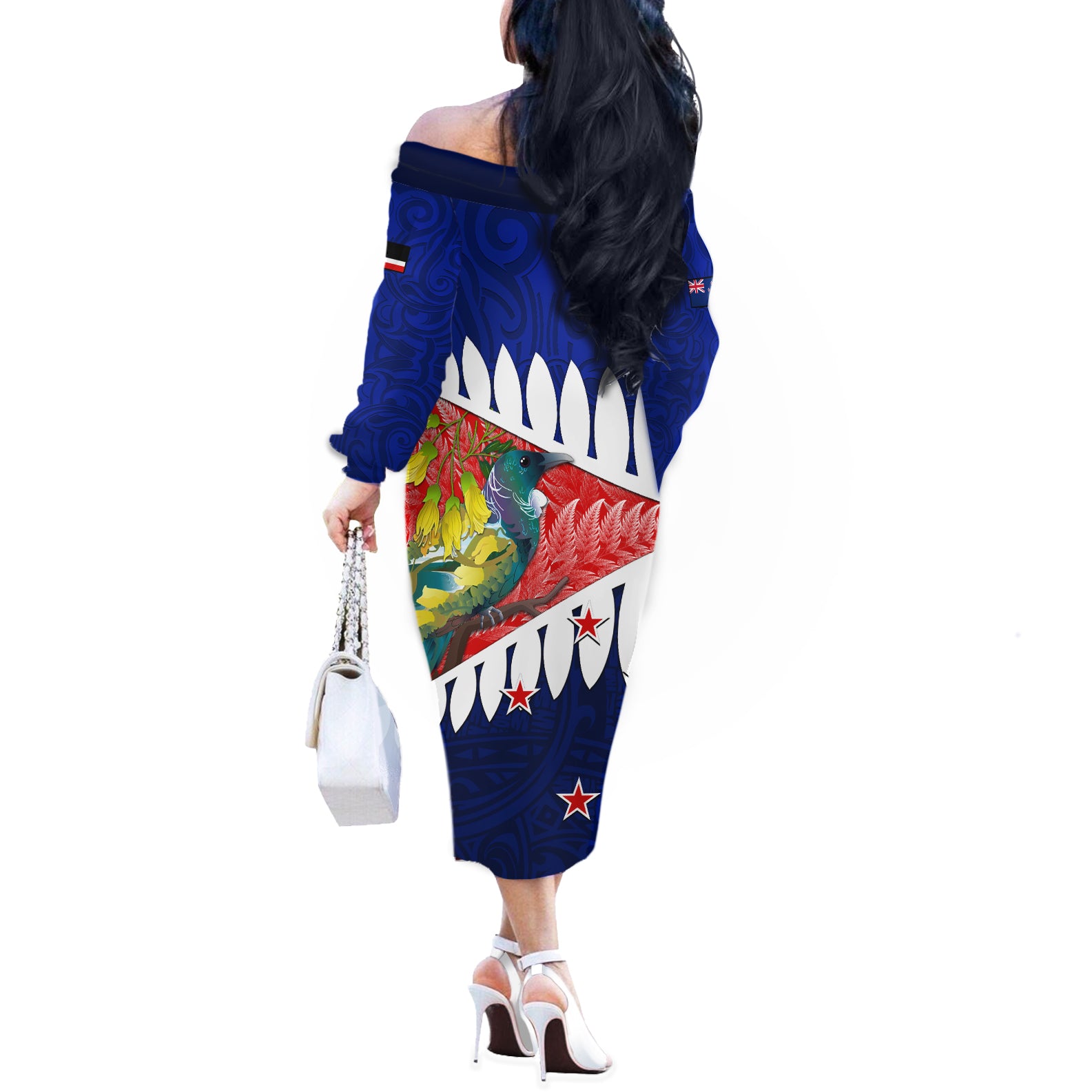 new-zealand-waitangi-day-off-the-shoulder-long-sleeve-dress-nz-maori-tui-bird-with-kowhai-flowers