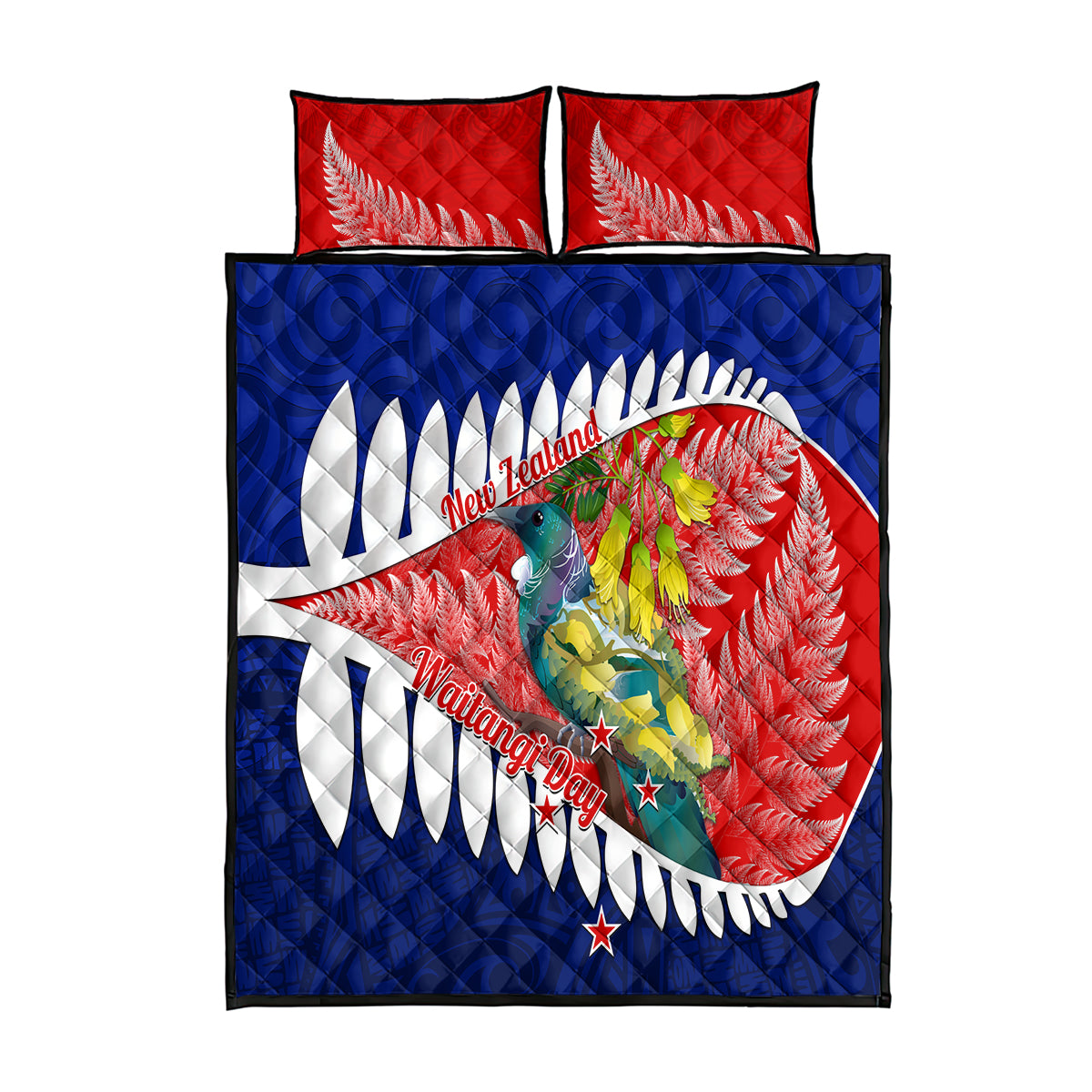 new-zealand-waitangi-day-quilt-bed-set-nz-maori-tui-bird-with-kowhai-flowers