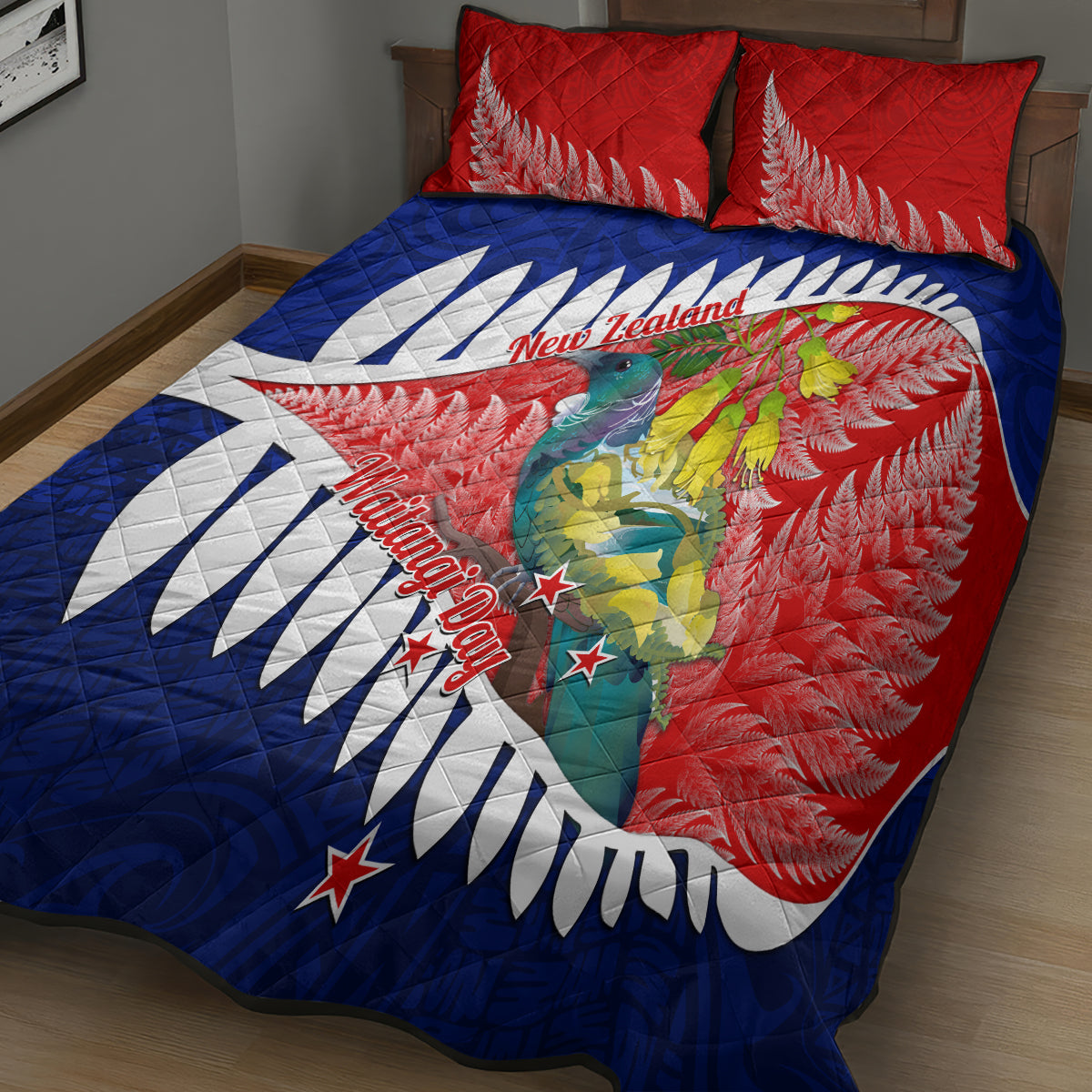 new-zealand-waitangi-day-quilt-bed-set-nz-maori-tui-bird-with-kowhai-flowers