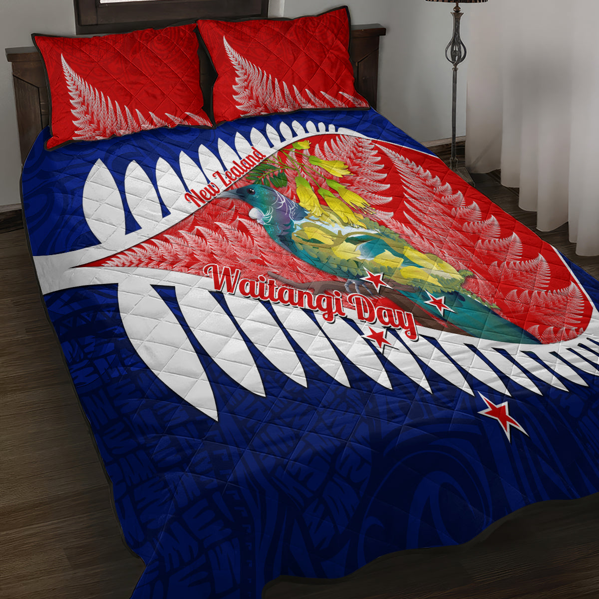new-zealand-waitangi-day-quilt-bed-set-nz-maori-tui-bird-with-kowhai-flowers