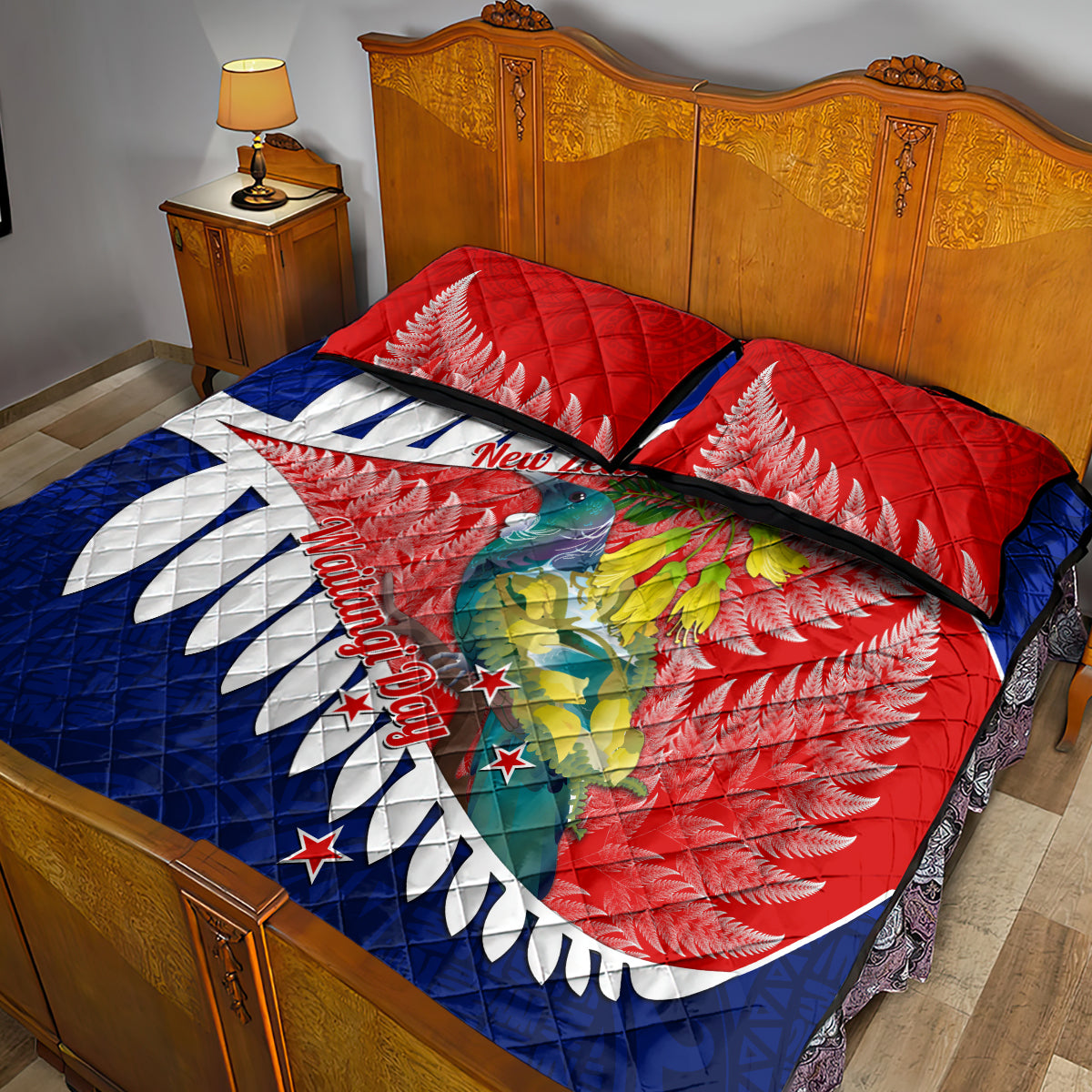 new-zealand-waitangi-day-quilt-bed-set-nz-maori-tui-bird-with-kowhai-flowers