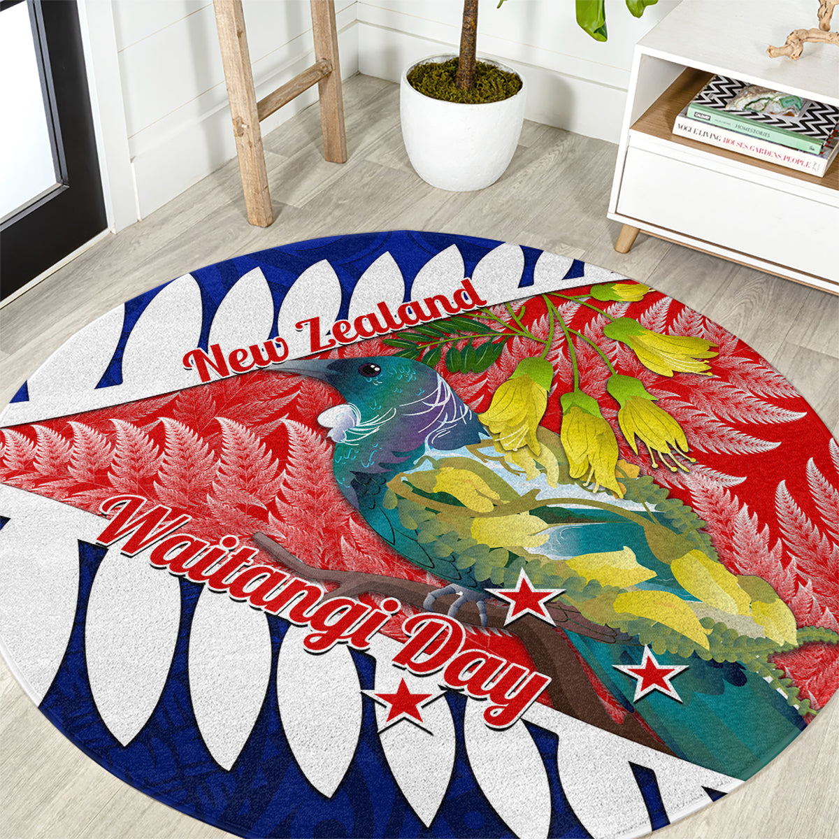 new-zealand-waitangi-day-round-carpet-nz-maori-tui-bird-with-kowhai-flowers