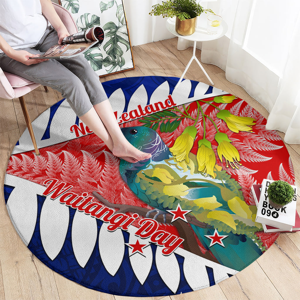 new-zealand-waitangi-day-round-carpet-nz-maori-tui-bird-with-kowhai-flowers