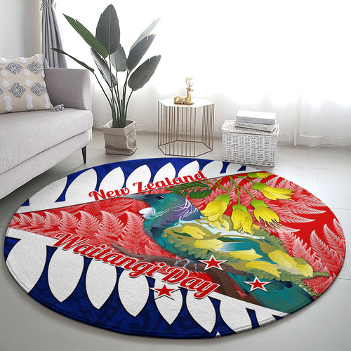 new-zealand-waitangi-day-round-carpet-nz-maori-tui-bird-with-kowhai-flowers