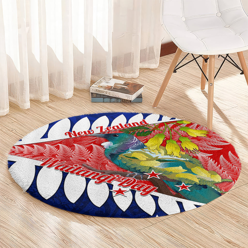 new-zealand-waitangi-day-round-carpet-nz-maori-tui-bird-with-kowhai-flowers