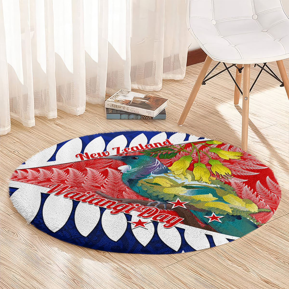 new-zealand-waitangi-day-round-carpet-nz-maori-tui-bird-with-kowhai-flowers