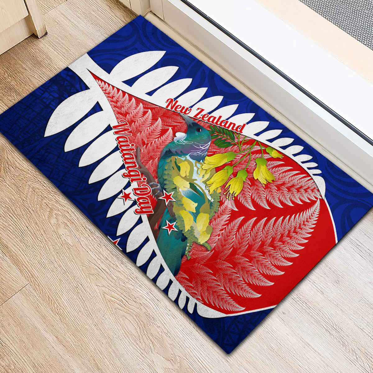 new-zealand-waitangi-day-rubber-doormat-nz-maori-tui-bird-with-kowhai-flowers