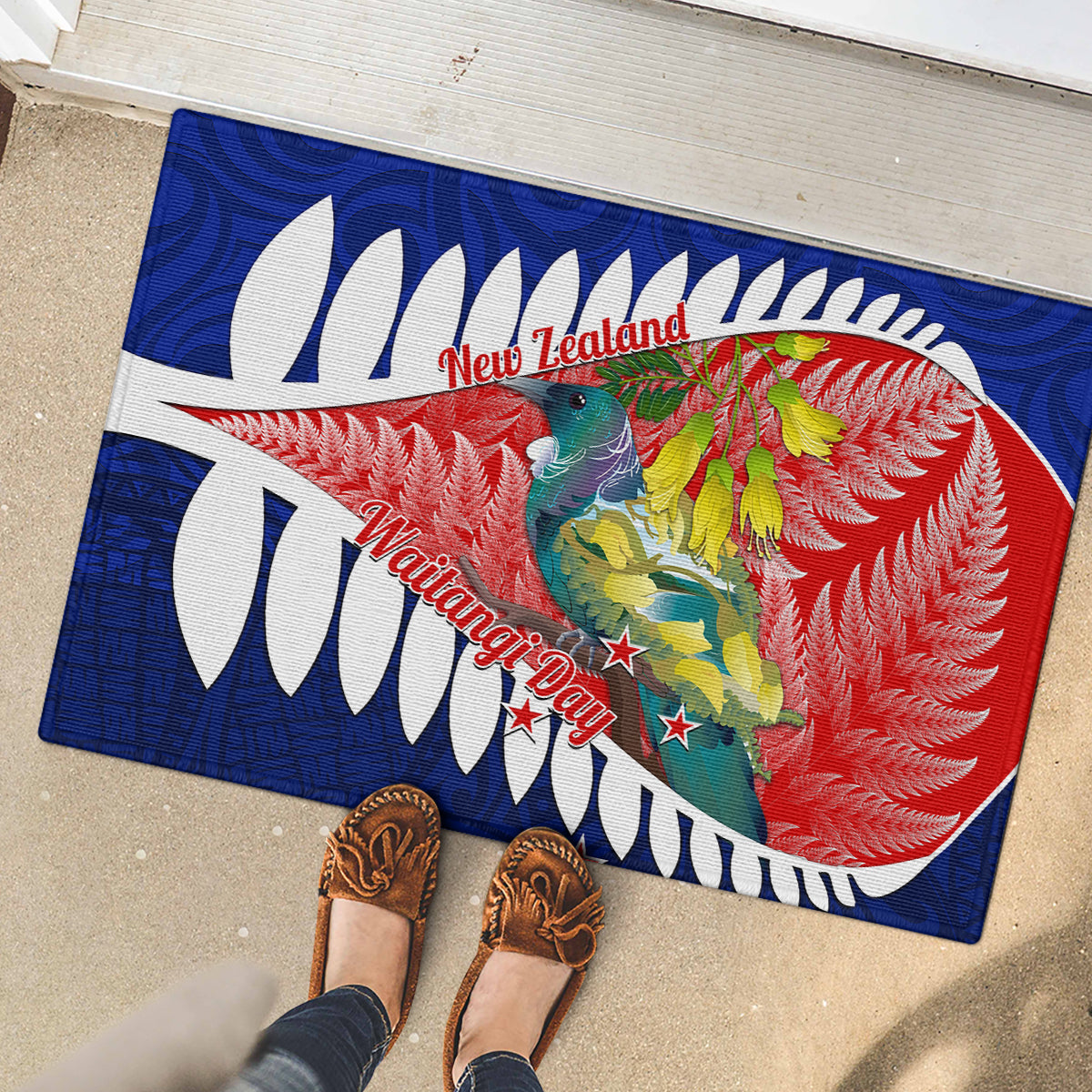new-zealand-waitangi-day-rubber-doormat-nz-maori-tui-bird-with-kowhai-flowers