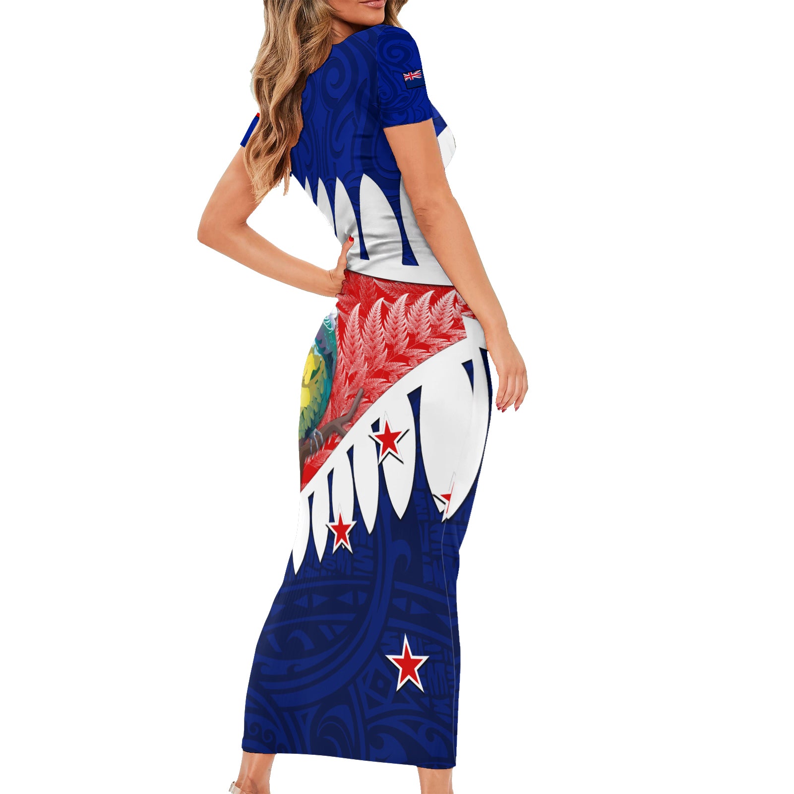 new-zealand-waitangi-day-short-sleeve-bodycon-dress-nz-maori-tui-bird-with-kowhai-flowers