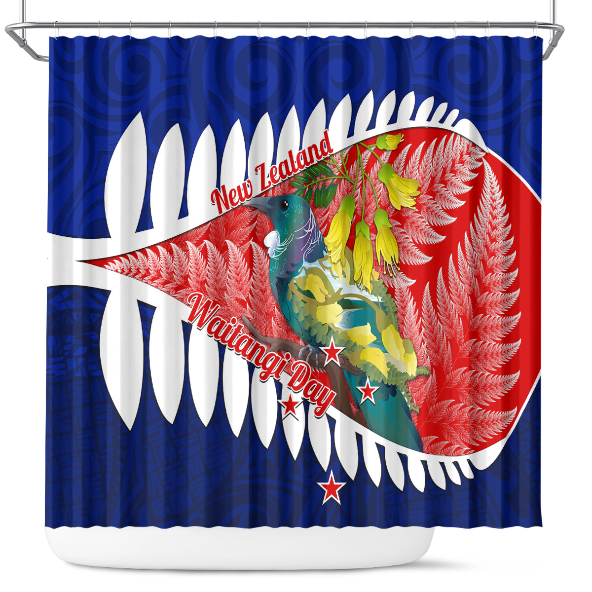 new-zealand-waitangi-day-shower-curtain-nz-maori-tui-bird-with-kowhai-flowers