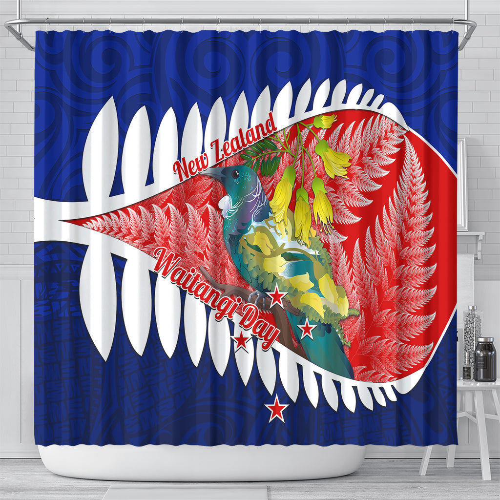 new-zealand-waitangi-day-shower-curtain-nz-maori-tui-bird-with-kowhai-flowers