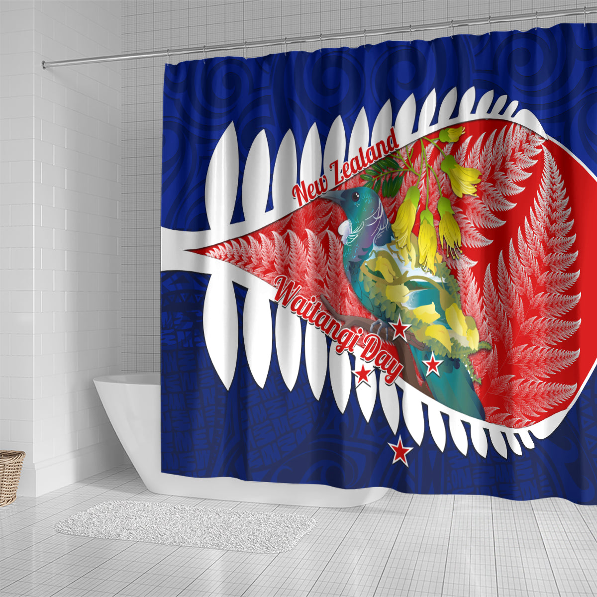 new-zealand-waitangi-day-shower-curtain-nz-maori-tui-bird-with-kowhai-flowers