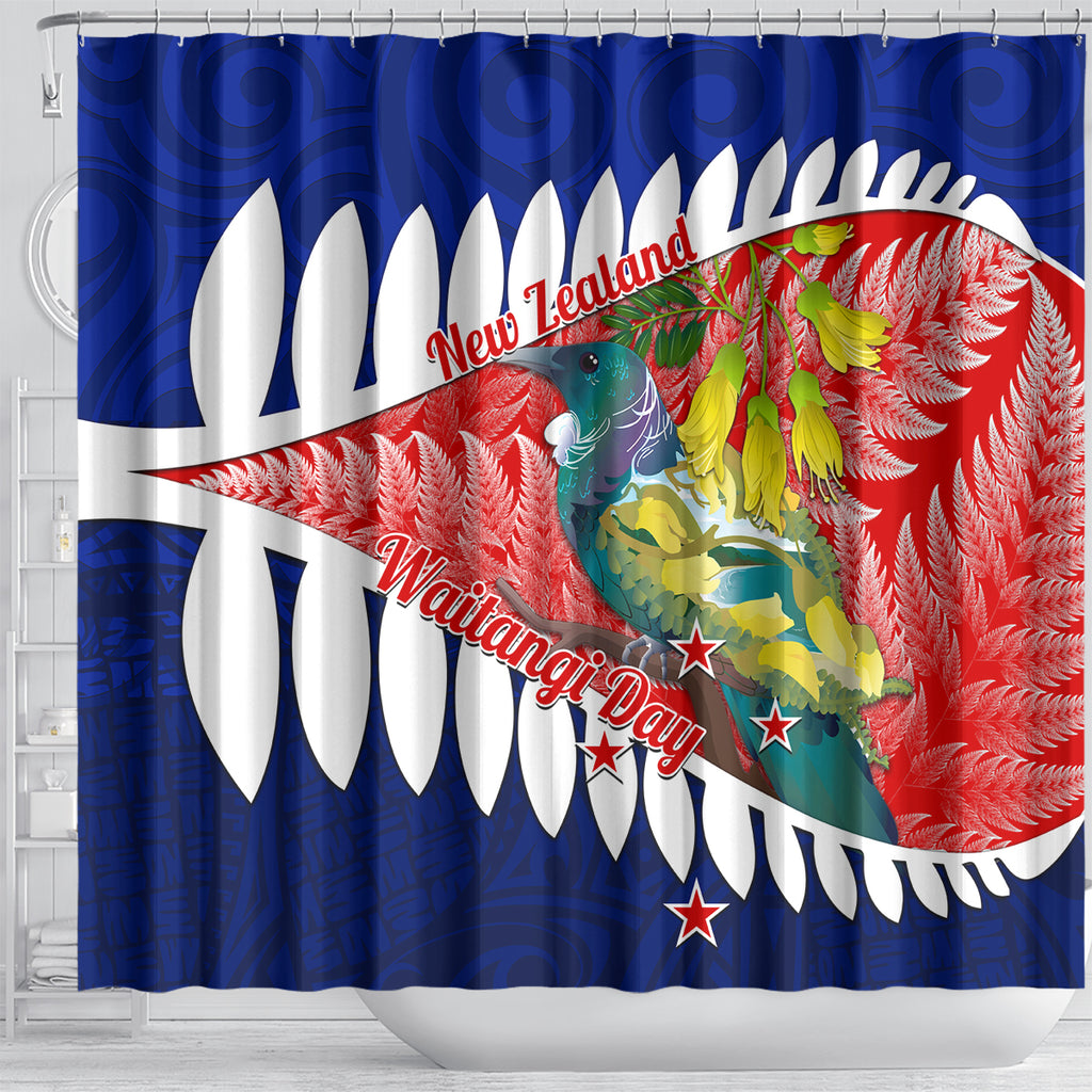 new-zealand-waitangi-day-shower-curtain-nz-maori-tui-bird-with-kowhai-flowers