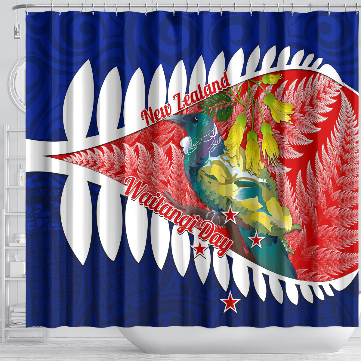 new-zealand-waitangi-day-shower-curtain-nz-maori-tui-bird-with-kowhai-flowers