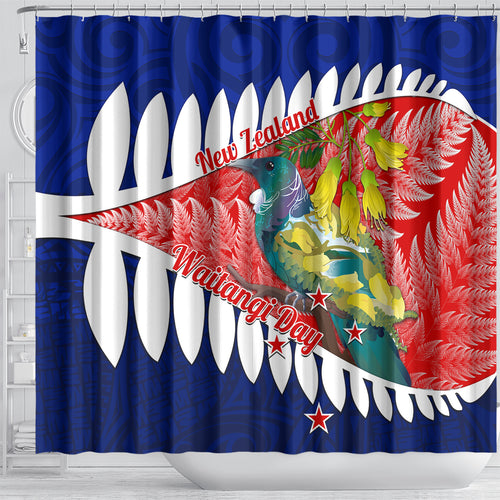 new-zealand-waitangi-day-shower-curtain-nz-maori-tui-bird-with-kowhai-flowers