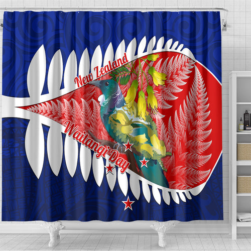 new-zealand-waitangi-day-shower-curtain-nz-maori-tui-bird-with-kowhai-flowers