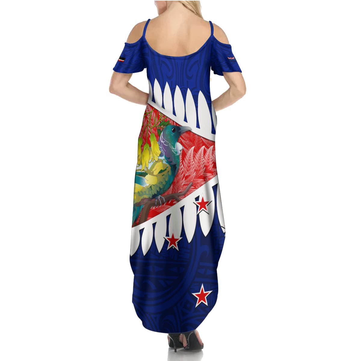 new-zealand-waitangi-day-summer-maxi-dress-nz-maori-tui-bird-with-kowhai-flowers