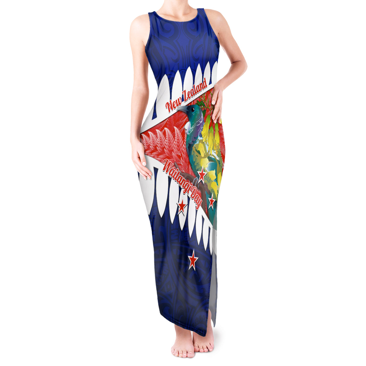 new-zealand-waitangi-day-tank-maxi-dress-nz-maori-tui-bird-with-kowhai-flowers