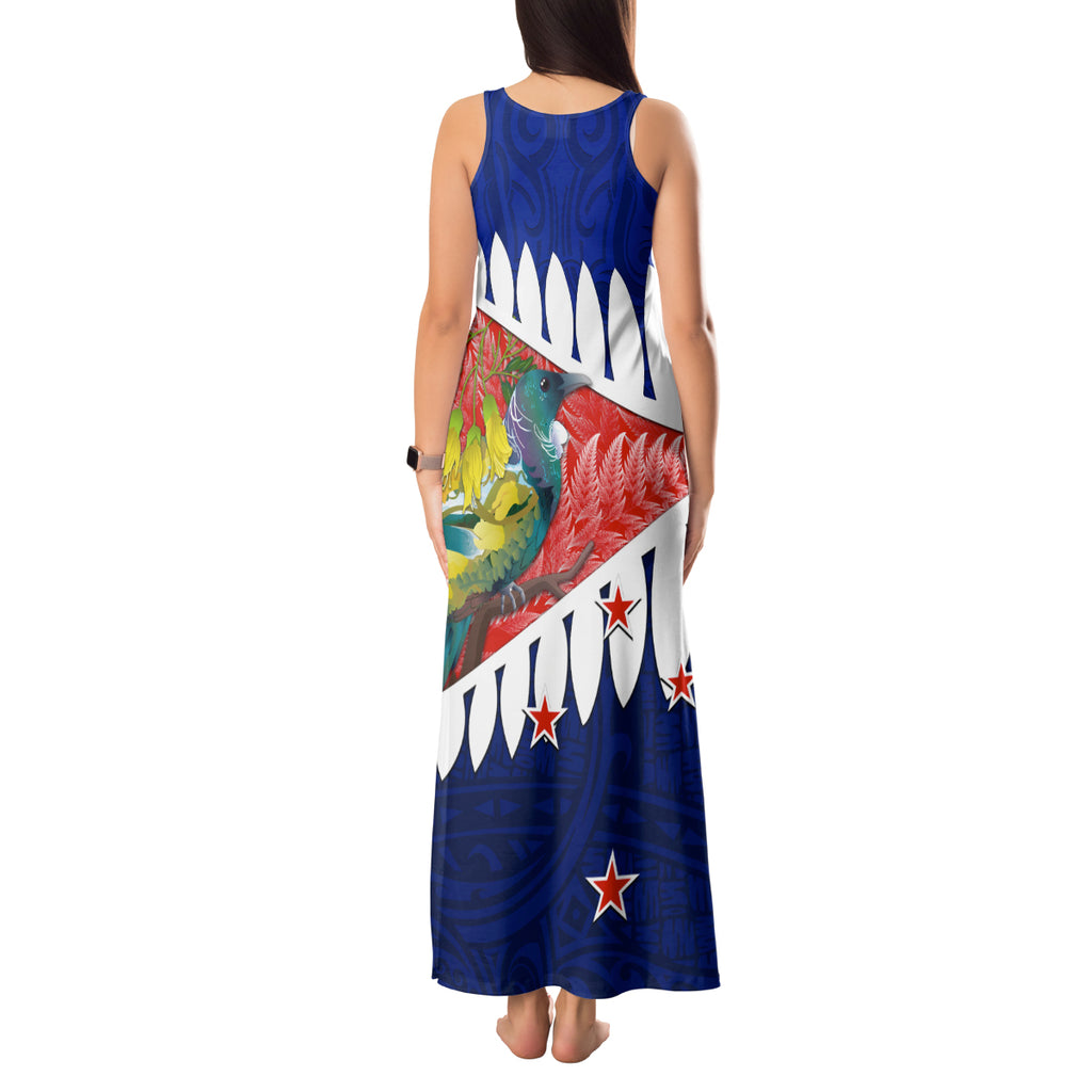 new-zealand-waitangi-day-tank-maxi-dress-nz-maori-tui-bird-with-kowhai-flowers