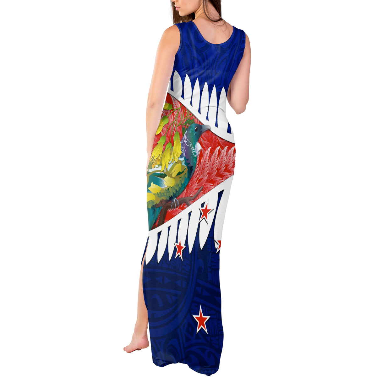 new-zealand-waitangi-day-tank-maxi-dress-nz-maori-tui-bird-with-kowhai-flowers
