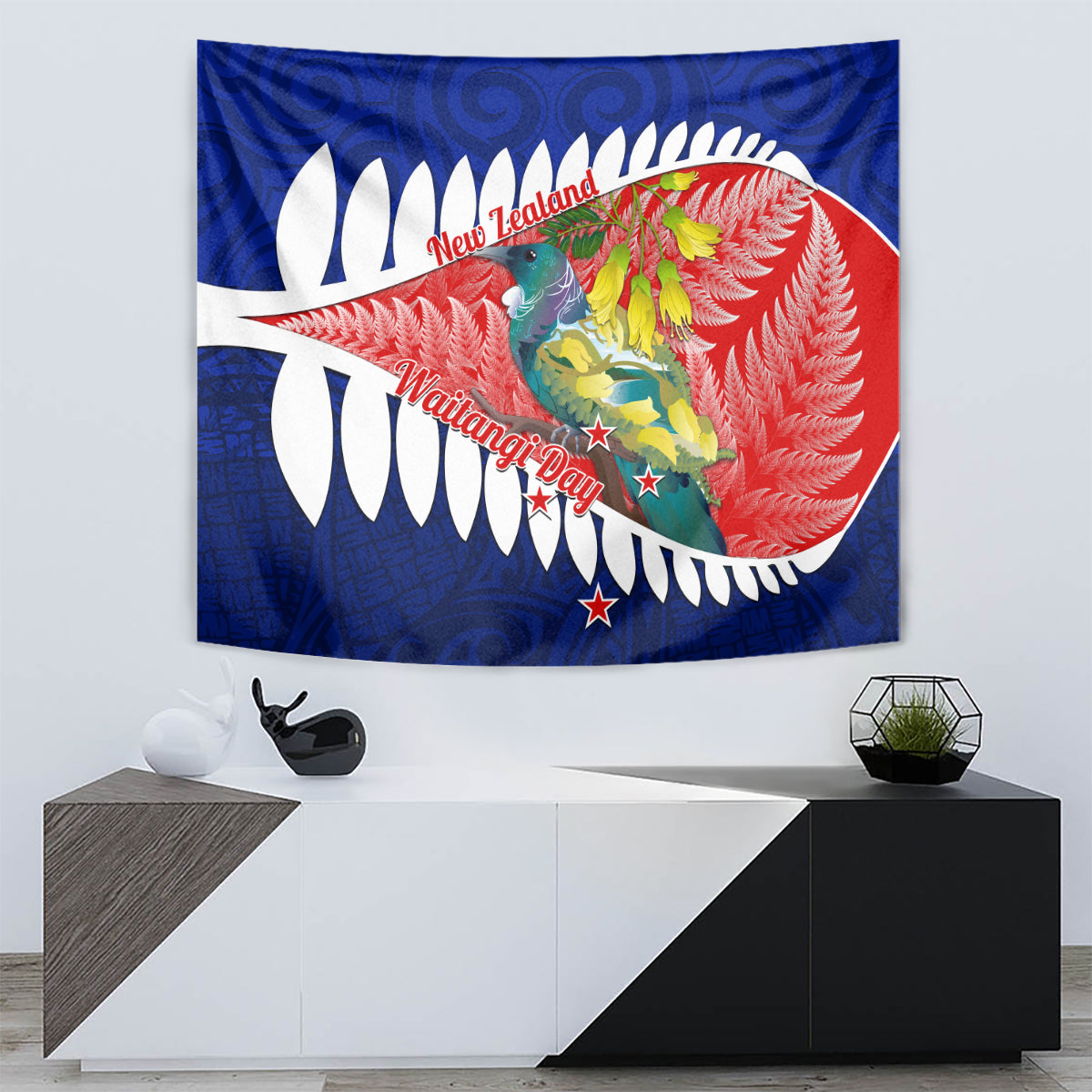 new-zealand-waitangi-day-tapestry-nz-maori-tui-bird-with-kowhai-flowers