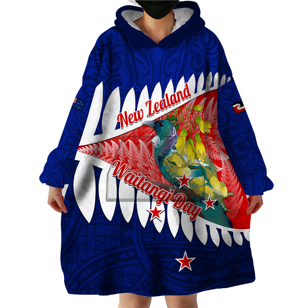 new-zealand-waitangi-day-wearable-blanket-hoodie-nz-maori-tui-bird-with-kowhai-flowers