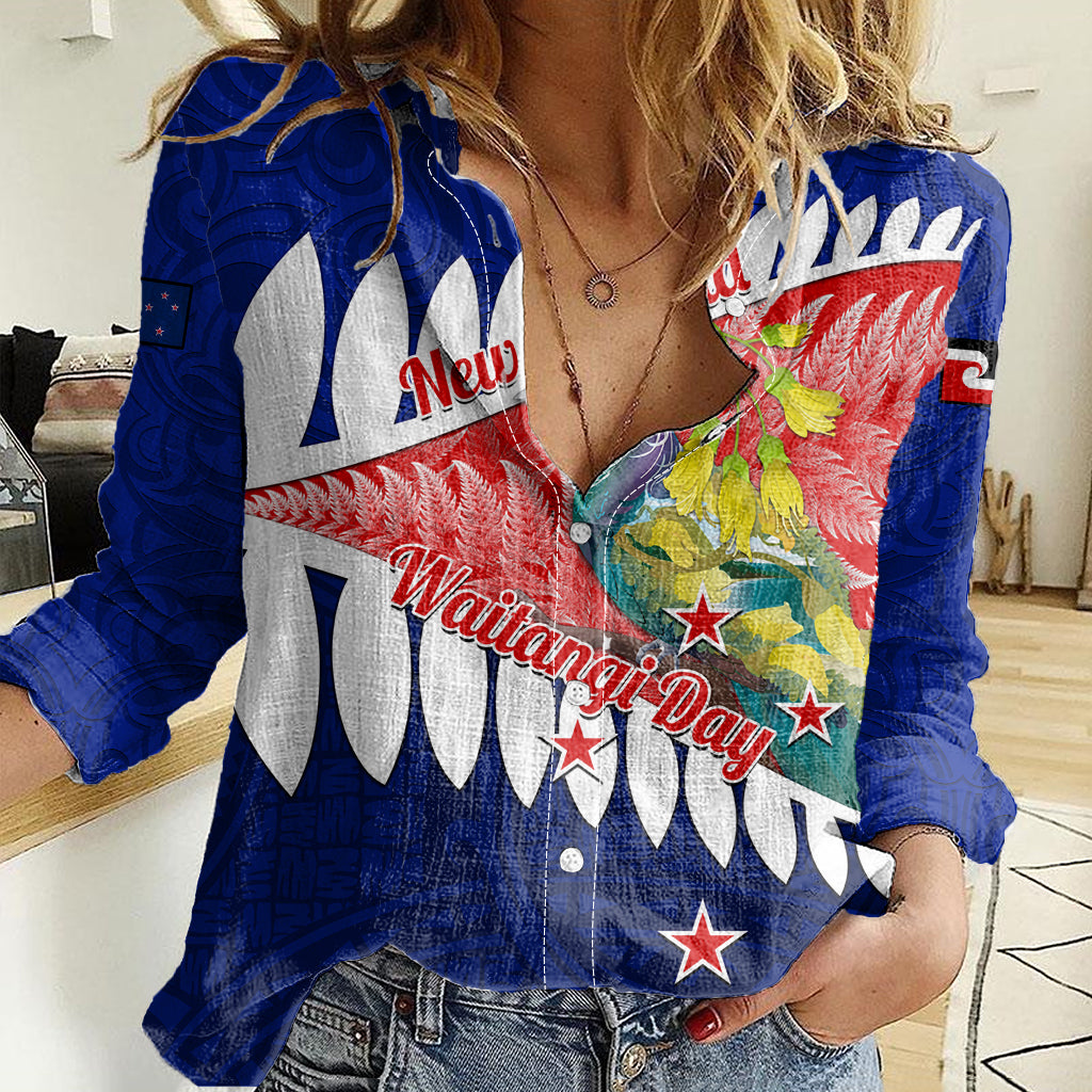 new-zealand-waitangi-day-women-casual-shirt-nz-maori-tui-bird-with-kowhai-flowers