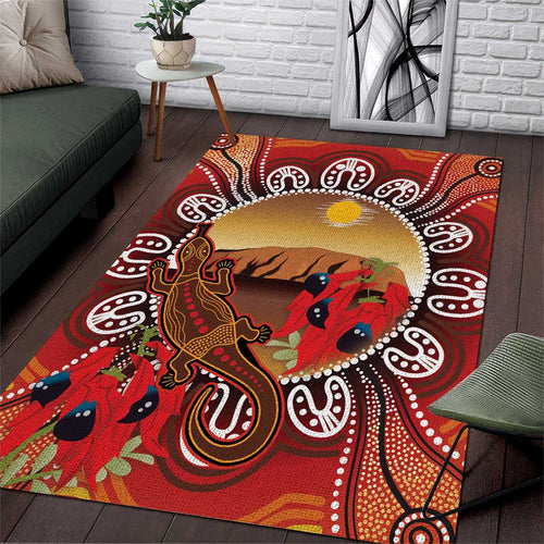 Indigenous Goanna Australia Area Rug Aussie Uluru Ayers Rock Sturt's Desert Pea