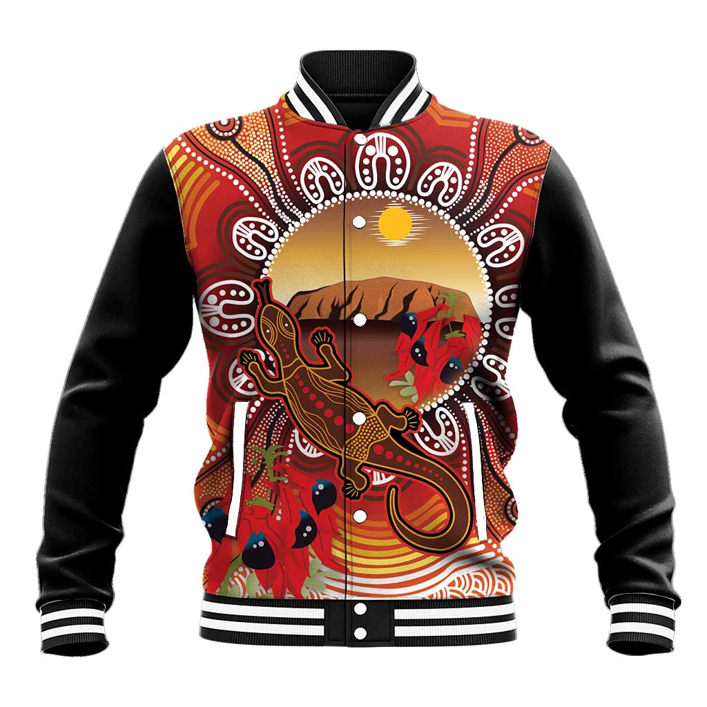 Indigenous Goanna Australia Baseball Jacket Aussie Uluru Ayers Rock Sturt's Desert Pea