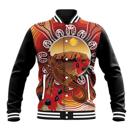 Indigenous Goanna Australia Baseball Jacket Aussie Uluru Ayers Rock Sturt's Desert Pea